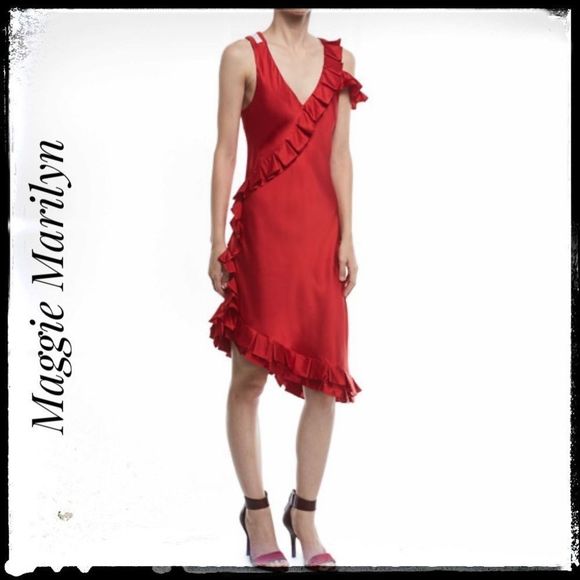 Maggie Marilyn Dresses & Skirts - RED SILK DRESS Pure Silk 100% with Ruffles Size 8 Medium